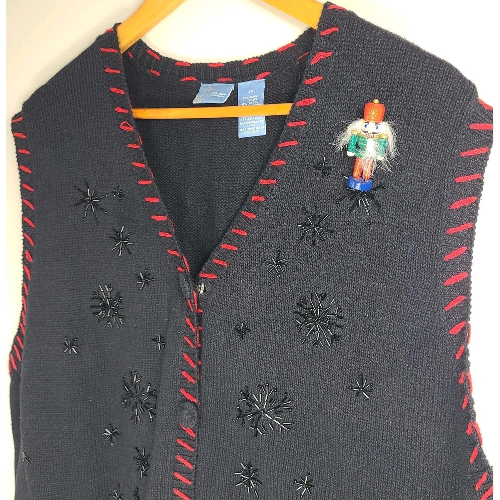 Holiday Editions Christmas Sweater Vest – Women's 3X – Black Red Knit Beaded